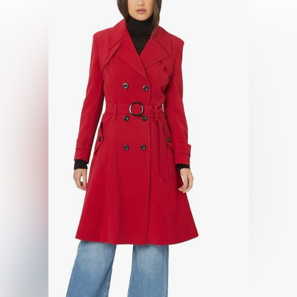 De la Creme - Red Womens Spring Belted Trench Coat Size 18